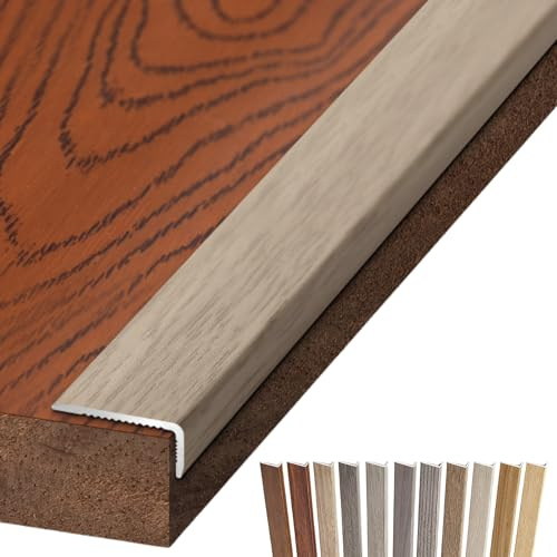 No Drill L-Shaped Aluminum Stair Nosing Edge Trim, Wood Grain Stair Edge Protector, Decorative Floor Edge Strip for Stairs, Steps & Thresholds(Light Brown,L60 x W0.6 x H0.3in)