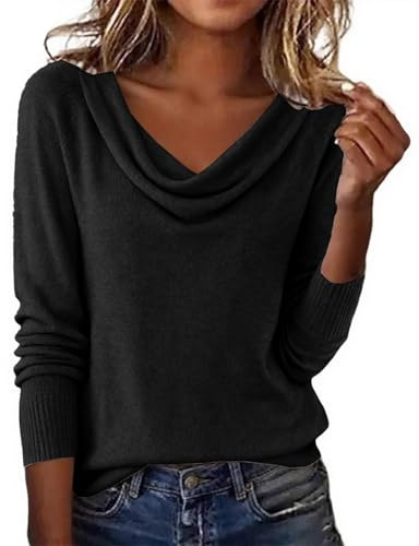 Waterfall Shirt Women's Elegant Long Sleeve Knitted Jumper Cowl Neck Pullover Warm Jumper Plain Long Sleeve Loose Sweatshirt Casual Winter Top Women's Knitted Sweater