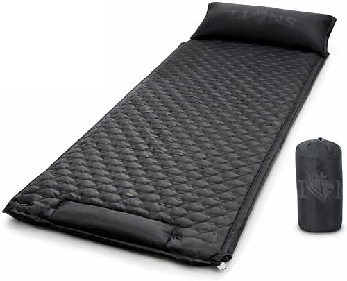 Lions Self Inflating Camping Mat With Pillow Roll - 3cm Thick Portable Lightweight Camping Mattress Self-Inflating for Outdoor Sleeping, Backpacking, Camping, Hiking, 180x60cm, Single, Black