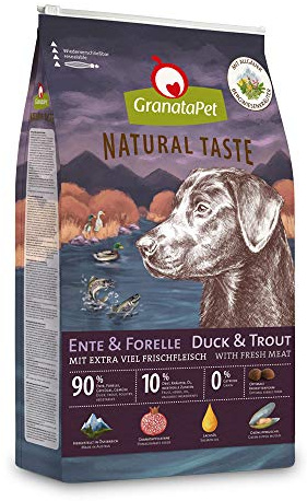GranataPet Natural Tast, anatra e trota, cibo secco per cani, cibo per cani senza cereali e senza zucchero, alimento completo per cani adulti, 4 kg