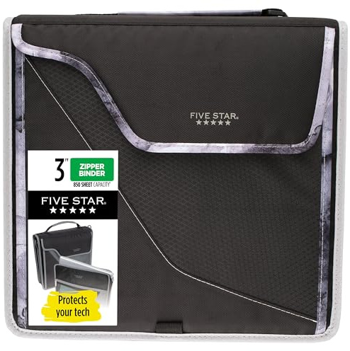 Five Star Zipper Binder, 3 Inch 3-Ring Binder with D Rings, Removable Padded Case, 5-Tab Expanding File and Multi-Use Strap, 850 Sheet Capacity, Black/Gray (29296IT8)