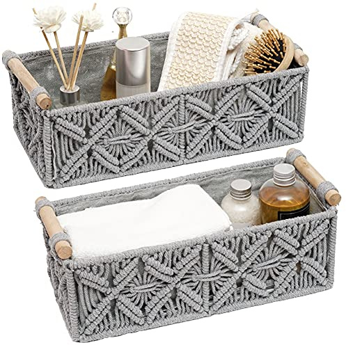 Cesta de almacenamiento de macramé, cestas de decoración bohemia para organizar encimeras decorativas tejidas, papel higiénico, para el hogar, dormitorio, guardería, sala de estar, entrada (juego de