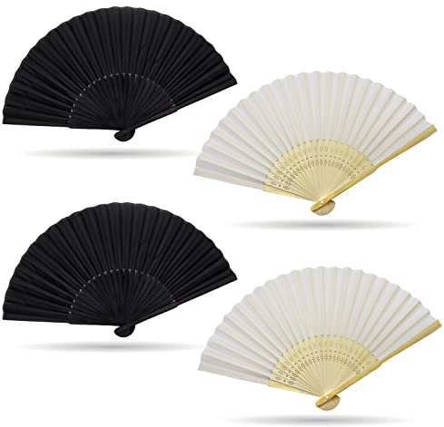 Grantop 4 Pcs Black Folding Hand Fan, Silk Fabric Bamboo Ribs Handheld Fan, Folding Chinese Fan for Wedding Christmas Party Prom Festival DIY Home Decorations (Black+White)