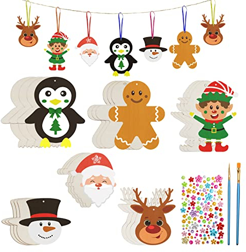Matogle 24 Pcs Weihnachten Basteln Kinder Weihnachten Holz Bastelset zum Malen mit Lebkuchenmann Elfen Schneemann Rentier Pinguine Weihnachtsmann für Weihnachtsdeko Weihnachtsbaumschmuck