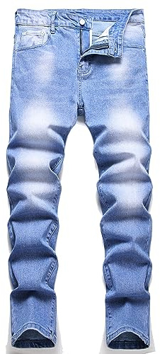 LZLER Revade jeans för män, slitna förstörda smal passform raka ben denim byxa med hål, BLÅ, 42 SE