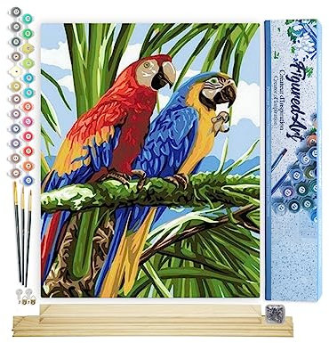 Figured'Art Pintar por Numeros Adultos Loro Rojo Y Azul - Manualidades pintura acrilica Kit Cuadro DIY completo - 40x50cm monta tu propio bastidor