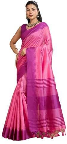 Laavaan Sari de seda de algodón a cuadros para mujer con blusa sin costuras, Rosa hipnotizado, talla única