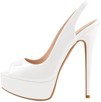 blingqueen Peep Toe Slingback Platform Pumps Slip On Stilettos Metallic Pumps Sexy 6.3 Inch Heels for Women White Platform Heeled Sandals Open Toe Heels Backless Pole Dancing Shoes Size 11