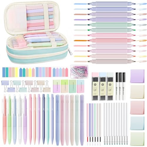 YIBONIKA 129 PCS Aesthetic Stationery Supplies with Blue Pen Case, 12 Pastel Highlighters, 11 Gel Pens, 6 Mechanical Pencils, 9 Sticky Notes for Stationary School College Essentials