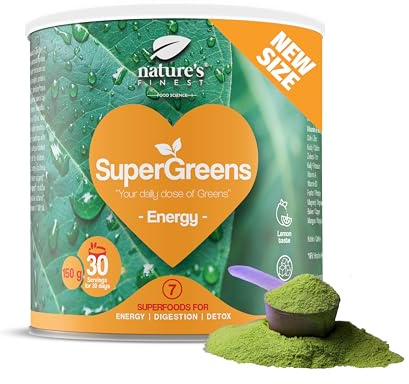Nature's Finest Supergreens Energy - Veganes Proteinpulver mit Gerstengras, Weizengras, Chlorella, Matcha & Guarana - Natürliche Energiequelle & Grüne Helfer für Dein Wohlbefinden - 150 g