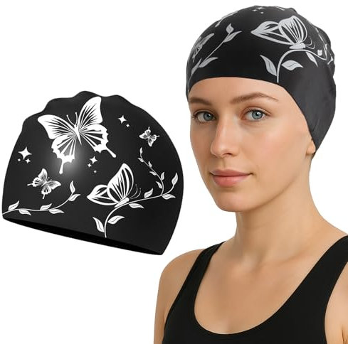 Badekappe Mädchen and Damen, Badekappe Kinder and Erwachsener, Badekappe Mädchen Lange Haare, Silikon Badekappe Damen Wasserdicht, Weich, Elastisch, Anti-Rutsch, Stylisch, Komfortabel