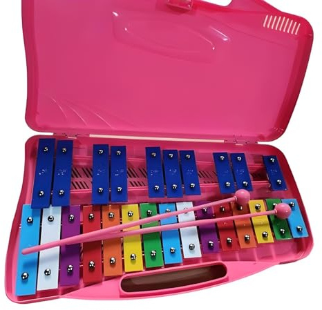 Xilófono Glockenspiel Metalófono 25 Teclas Metalícas Instrument, 25-töniges Aluminiumplattenmusikal, von Hand getroffen, mit Gelbes Gehäuse, Metalófono Percussión Manual