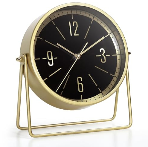 AYRELY Orologio da tavolo in metallo vintage, silenzioso, senza ticchettio, con angolo regolabile, analogico, stile retrò, per soggiorno, mensola, camino e ufficio (oro)