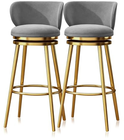 Snurrpall i sammet, barstol, set om 2, klädd sits, modern hög sammetspall for köksö, hemmabar(Grey 65cm,Gold Leg)