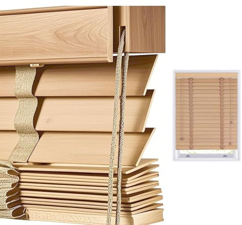 Blackout Wood Venetian Blinds 55cm 60cm 80cm 90cm 100cm 110cm 120cm 130cm 160cm Wide Horizontal Blinds Shutters for Windows 50mm Slats Venetian Blind Easy Fit Curtains(Beige)