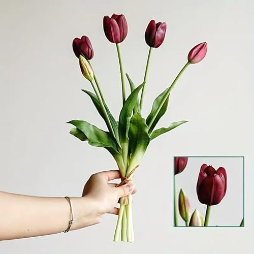LiuJinE687 5 st konstgjord tulpanbukett med äkta beröring – livfulla rosa falska blommor med gröna stjälkar för hemmabord, fest, bröllop och alla hjärtans dag dekoration (lila)