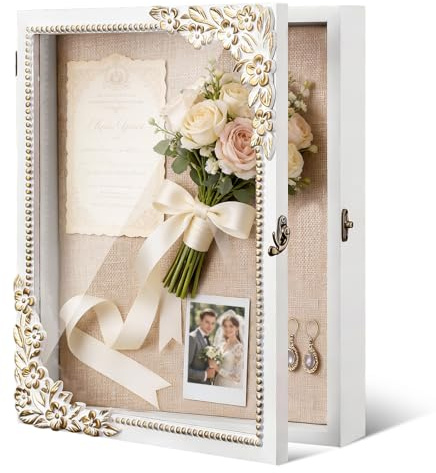 JeSemGro 11x14 Shadow Box Frame - Vintage Gold & White Wood Display Case with Metal Latch & Real Glass - Large Memory Box Shadowbox for Wedding, Graduation, DIY - Pet Memorial & Loved One Remembrance