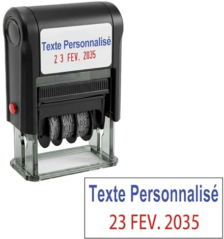Tampon Dateur Personnalisable 5mm x 30mm – Version en langue française, encrage automatique, Date rouge & Texte bleu, Cartouche d’encre remplaçable