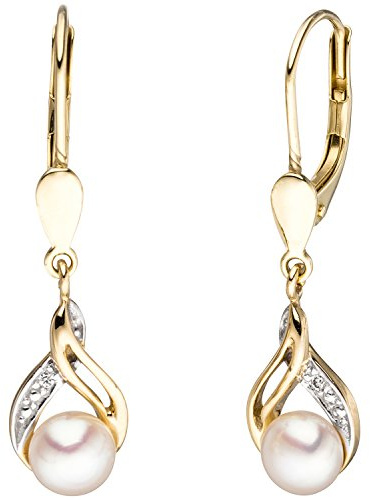 Jobo Damen-Ohrringe hängend aus 14 Karat 585 Gold mit Perlen und 2 Diamanten