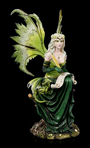 Figure Shop GmbH - Statuina di Elfo Fantasy Principessa Gaia con drago e fatina, angelo, ali da infilare, decorata con pietre preziose, altezza 51 cm