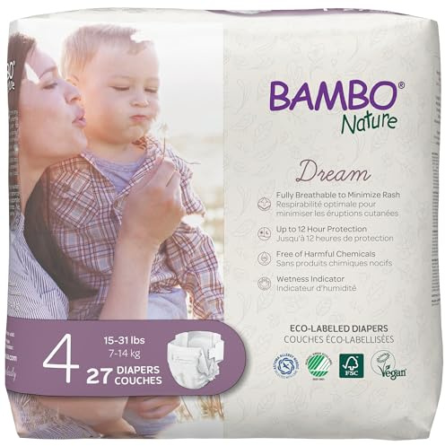 Bambo Nature Hypoallergenic Dream Baby Diapers, Eco-Labeled Sustainable Diapers, Enhanced Leakage Protection, Totally Chlorine-Free, Skin Friendly, and Super Absorbent - Size 4 (15-31lbs) - 27 Count