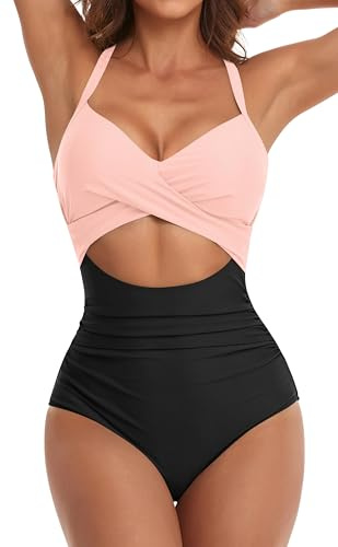Eomenie Women's One Piece Swimsuits Tummy Control Cutout High Waisted Bathing Suit Wrap Tie Back 1 Piece Swimsuit Black Pink