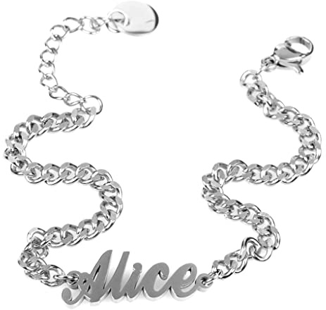 Flowers Bracciale in Acciaio con Nome in Corsivo Disponibile in Due colorazioni Dorato e Argentato (Alice Argentato)