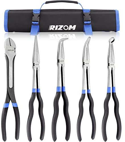 RIZOM 5-Piece 11 Inch Long Needle Nose Pliers Set, Extra Long Reach Pliers Set, 45°&90° Bent Needle Nose Pliers, Circle Nose and Diagonal Pliers for Narrow Spaces and Limited Areas