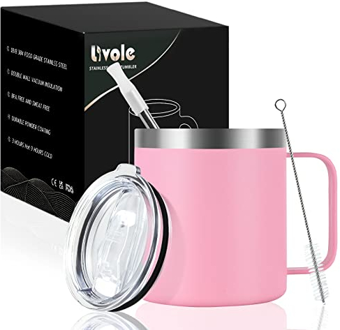 Livole Edelstahl Camping Becher, 12oz Trinkbecher mit Deckel und Strohhalm, Doppelwandig Thermotasse 350ml, Vakuum Thermobecher mit Henkel, Coffee to go Becher, Isolierter Outdoor Tasse, Rosa