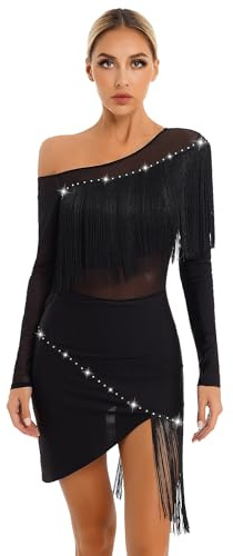 Freebily Vestito da Ballo Donna Latino Americano Tango con Strass Nappa Lustrino Abito da Danza Classica Lirica Samba con Orlo Asimmetrico Costume da Valzer Sala da Ballo