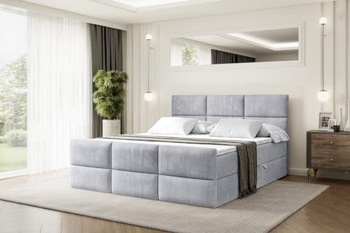 ALTDECOR Boxspringbett mit Matratze und Lattenrost, Boxbett, Topper, Fußteil, Polsterbett mit Bettkasten, Bett mit Stauraum H4-Matratze, Springboxbett - Ohio-Z - 180x200 - Grau Monolith 84