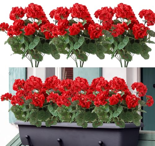 Weldomcor 6 Flores Artificiales, Flores de Geranios de Seda con Hojas Verdes, Ramo de Geranios Falsa Realista para jardín, hogar, Oficina, Fiesta, Boda, decoración de Centro de Mesa (Rojo)