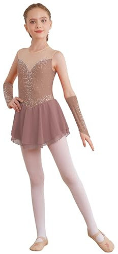 TTAO Mädchen Ballettkleidung 2tlg. Eiskunstlauf Kleider +Handschuhe Set Kinder Eislaufen Ballerina Kleid Ballett Trikot Tanz Kostüm Gymnastik Training Dancewear Altrosa 146-152