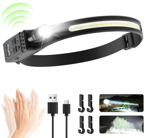 Stirnlampe LED Wiederaufladbar, Superhelle 230° Weitwinkelstrahl, Einstellbarer Fokus, 30 Std. Laufzeit, 7 Modi mit Bewegungssensor, Wasserdichte Leichte Kopflampe Stirnlampe für Joggen Camping Angeln