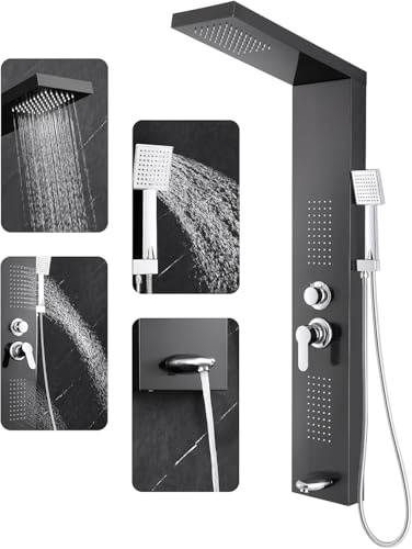 ROVOGO Colonne Panneau de Douche Hydromassante Noir avec Robinetterie Mitigeur pour Baignoire, 4 Modes - Douche de Pluie, Jets de Massage, Douchette et Bec de Baignoire, Acier Inoxydable Montage Mural