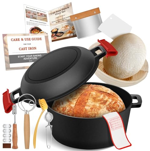 Banneton - Horno holandés de hierro fundido para hornear pan, cesta a prueba de pan de masa madre, olla holandesa 2 en 1 con tapa de sartén, asas de sartén lame, 5 cuartos de galón