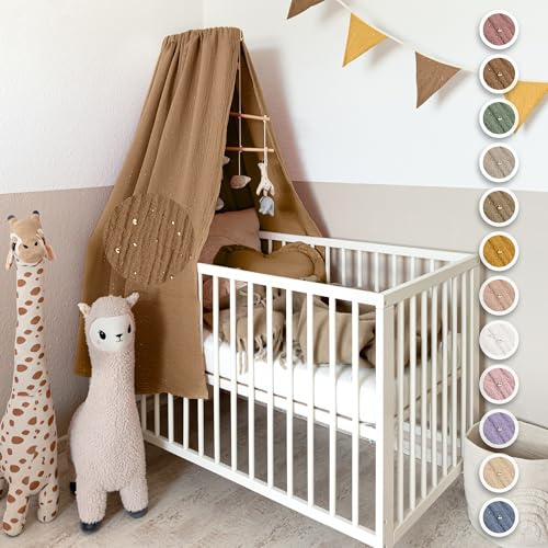 lilimaus Sänghimmel, babysäng med guldapplikation i 12 färger [inkl. himmelstång] – himmel, babysäng av 100 % bomull, muslin för flickor och pojkar – himmelsäng med stång – barnbabyrum dekoration