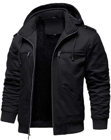 HOOD CREW Vestes d'hiver pour homme avec plusieurs poches en coton épais et chaud doublé polaire manteau à capuche veste cargo de travail pour homme, noir, Large