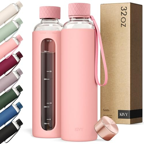 Botella de agua de vidrio KIVY con funda de silicona 32 onzas [CON MEDICIÓN] - Botella de agua de vidrio de borosilicato con tapón de rosca - Botellas transparentes con marca de medición - Botella de