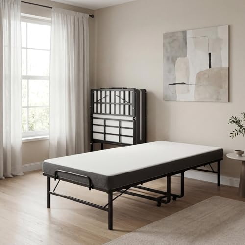 LIKIMIO Folding Bed with Mattress, Twin Size Rollaway Guest Bed for Adults, 75 x 38 Foldable Bed on Wheels, Portable Bed with Sturdy Metal Frame, Easy Storage for Guest Room, Small Spaces