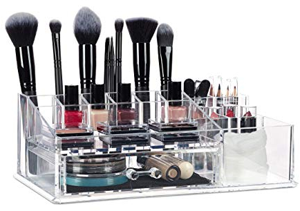 Relaxdays Make Up Organizer mit Schublade, Kosmetik Aufbewahrung für Schminke & Schmuck, Lippenstifthalter, transparent