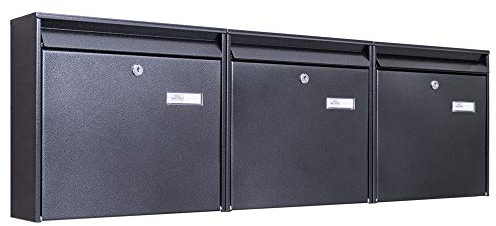 banjado Burg-Wächter Briefkastenanlage - Briefkasten 3 Parteien - Briefkästen Schwarz - Postkasten Mehrfamilienhaus - Briefkasten XXL mit Namensschild