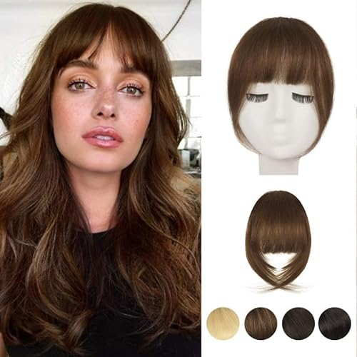 BARSDAR Menschliches Haar Clip in Bangs, 100% Echtes Menschliches Haar Clip in Pony für Frauen - Mittelbraun Französisch Pony Extensions Fringe mit Schläfen Echthaar Pony Haarteile - Mittelbraun
