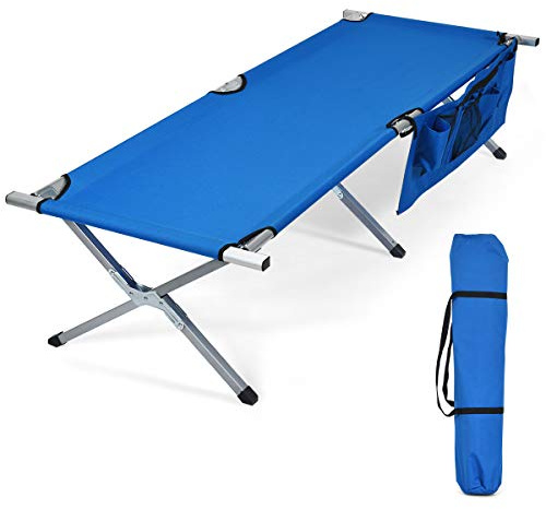 COSTWAY Lit de Camping Pliable XXL 190 x 73 x 42 CM, Lit de Camp Pliant en Tissu Oxford 600D, Chaise Longue de Camping Robuste avec Poches Latérales et Sac de Transport, Charge 204 KG (Bleu)
