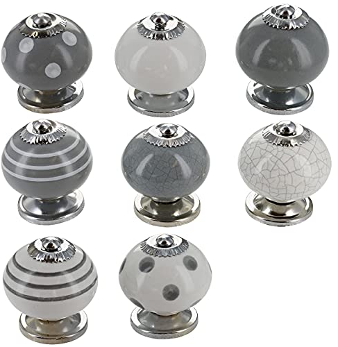 G Decor Dark Grey and White Handmade Assorted Designs Ceramic Door Knobs, Vintage, Shabby Chic, Interior Furniture, Cabinet Cupboard Drawers Pulls Handles (8-Pack)