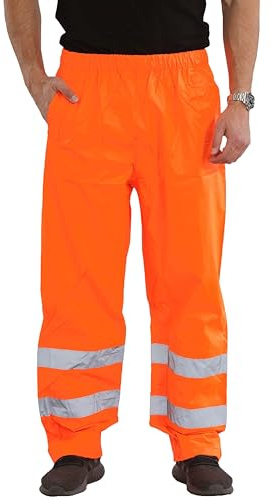 kraftd Men's Hi Vis Trouser Safety Over Waterproof Rain Trousers High Visibility Reflective Work Pants with Side Pockets Orange