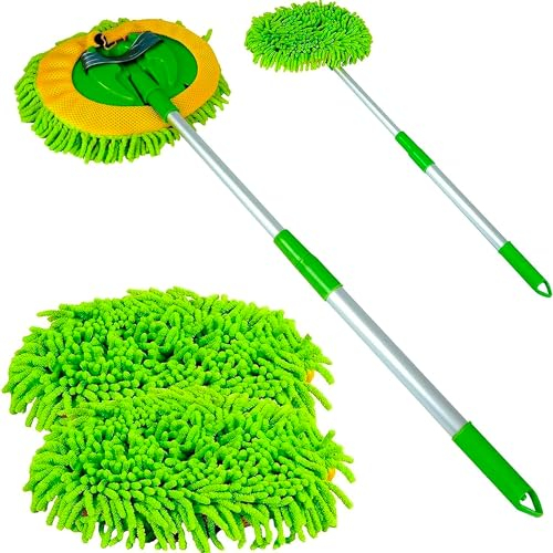ZENO Car Cleaning Brush | Car Wash Brush | Microfibre Mop with Mittens | Car Washing Brush | Car Wash Kit for Cleaning Van Truck Caravan | Scratch Free 2 x Mop Heads | 1 x Extendable Pole 53-104cm