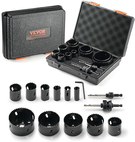 VEVOR Scie Cloche Bi-métal Coffret de Scie Trépan avec 11PCS Lames de Scie 19-76 mm Profondeur de Coupe 38 mm 2 Mèches 1 Clé Hexagonale Accessoires pour Perceuse Visseuse Percer Bois Tôle Plâtre PVC