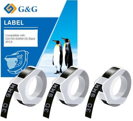 G&G Beschriftungsgerätetiketten, 3xSchwarze 3D Etiketten 9mm x 3m kompatibel mit GG-B90, Dymo Omega und Junior/ersetzt S0847730 Einfach zu verwenden für Haus, Büro,Schule