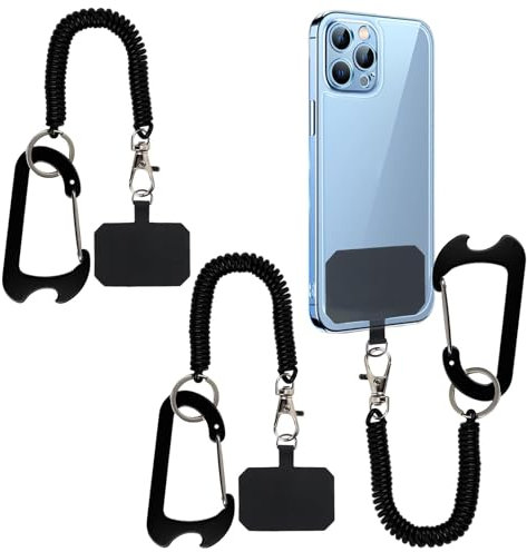 RRICHH Cordon para Movil Universal Cuerda Movil Colgar Correas de Resorte Negras para Teléfonos Móviles con Mosquetón y Parcheas Compatible con iPhone, Samsung, Huawei y la Mayoría de los Funda